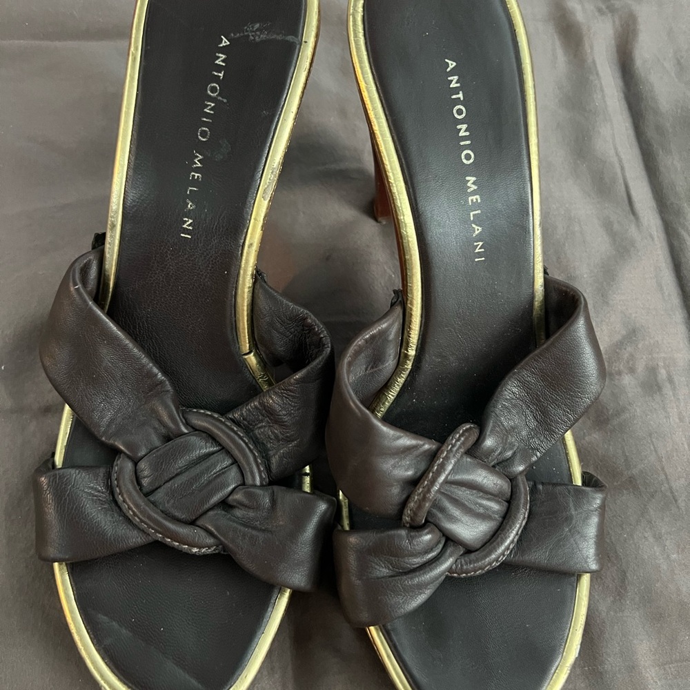 Antonio Melani Brown and Gold Wooden Heeled Shoes Size 9.5